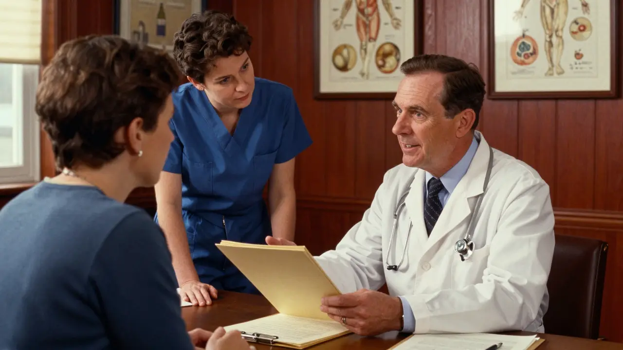 Patient showing closed folder to doctor in office setting