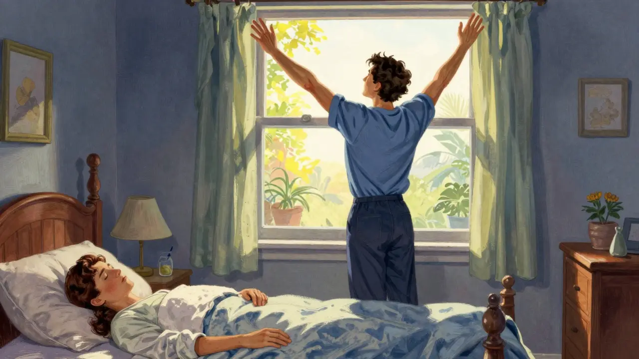 Rested person stretching by window in bright morning light.