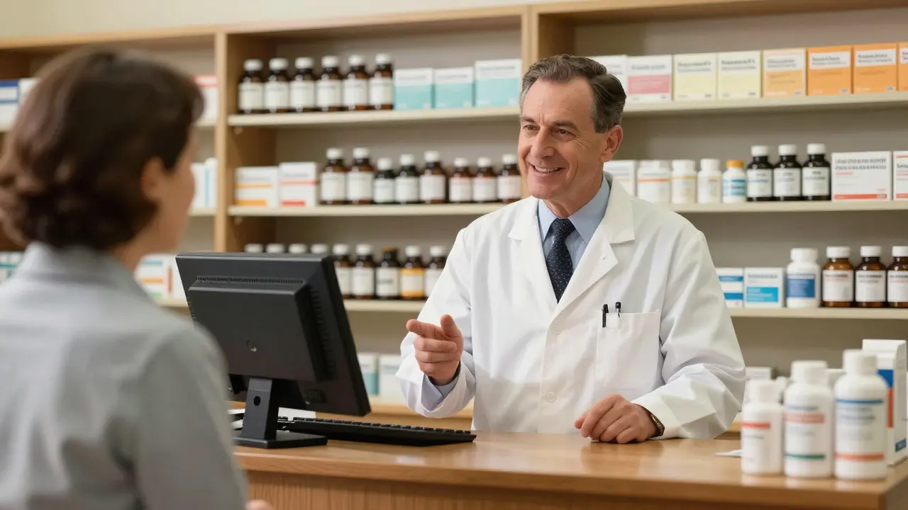 A friendly pharmacist in a white coat giving medical advice to a customer at a pharmacy counter.
