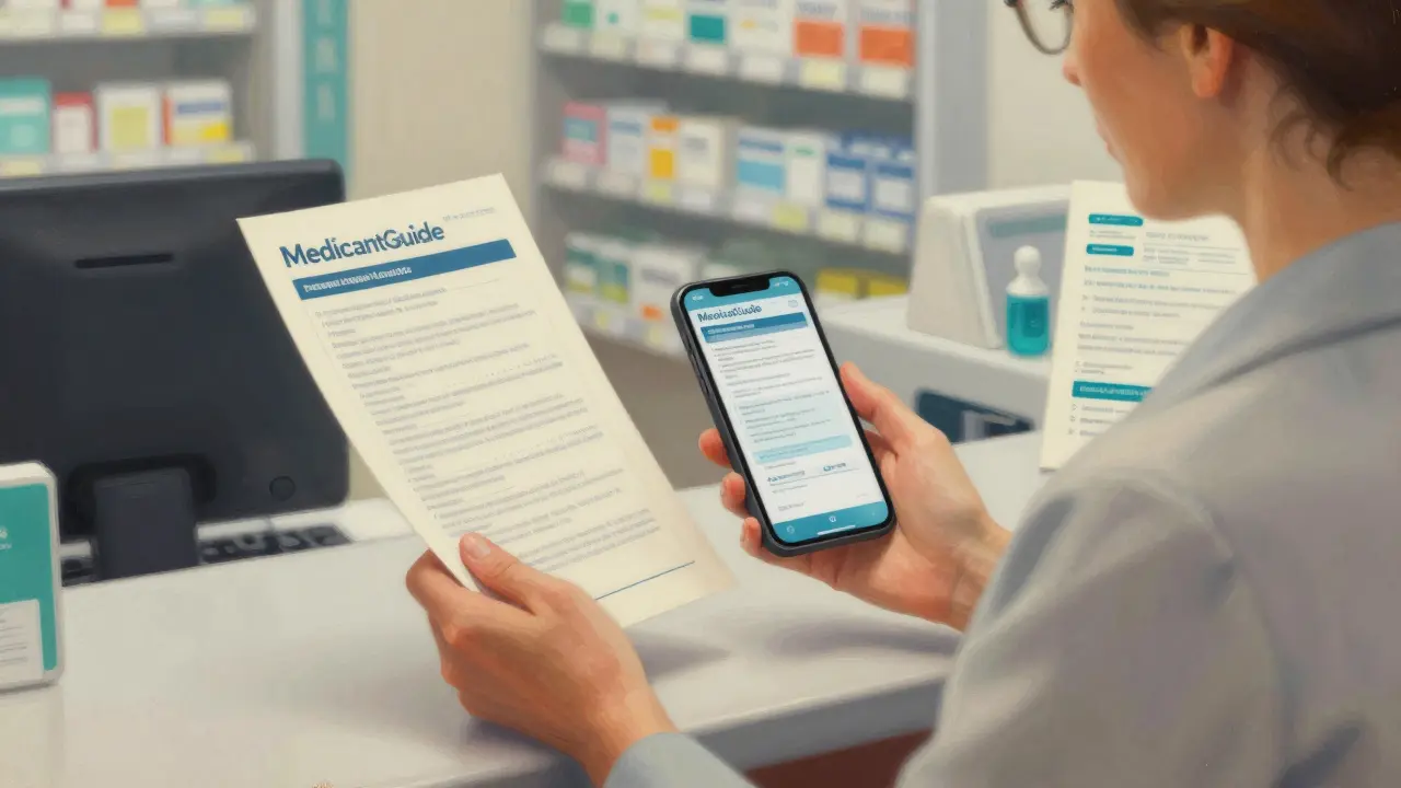 A woman holding both a paper medication guide and a digital version on her phone