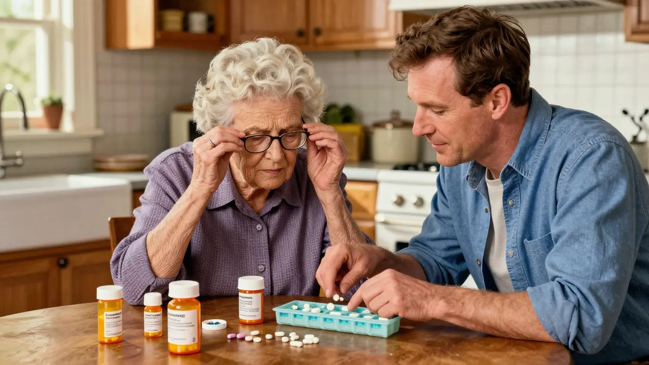 Adult son helping an elderly woman organize multiple medications into a weekly pill box.
