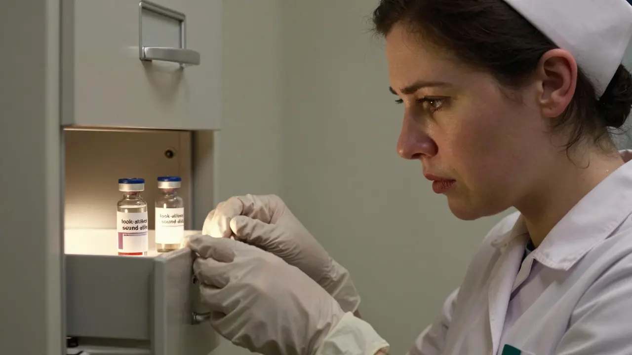 Close-up of a nurse selecting between two similar medication vials in a machine drawer