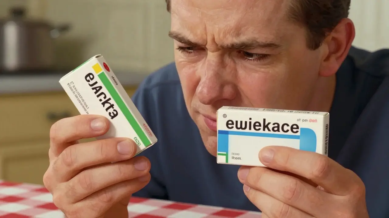 Close-up of hands carefully comparing the ingredient labels on two different medicine boxes.