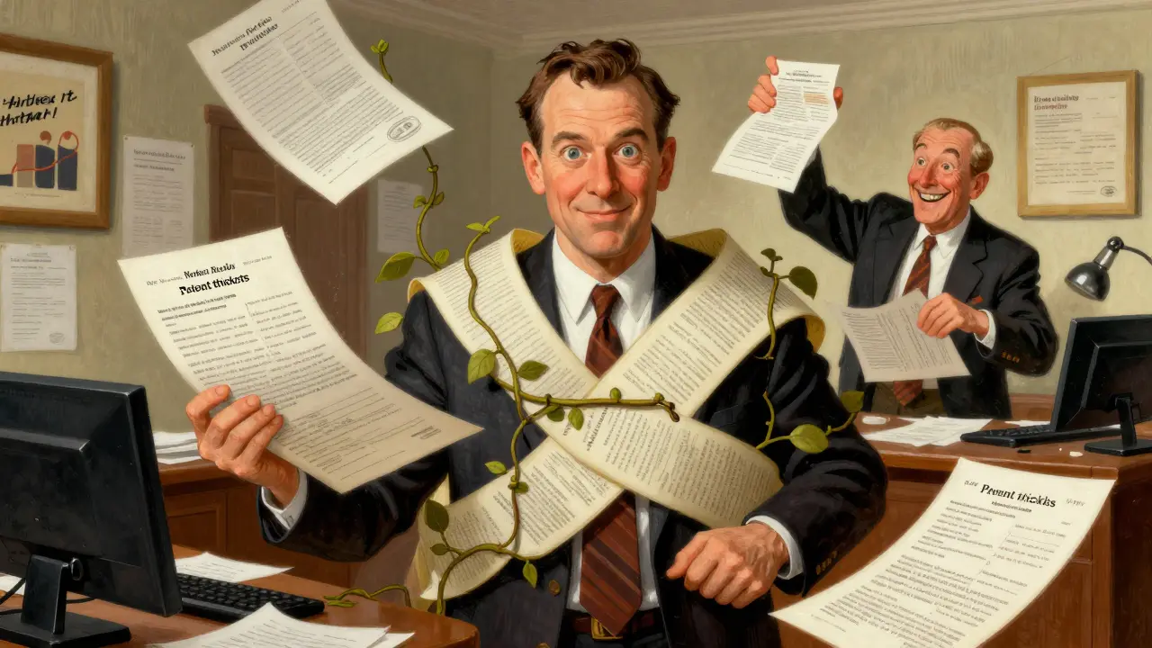 Lawyer overwhelmed by a massive pile of patent documents symbolizing patent thickets