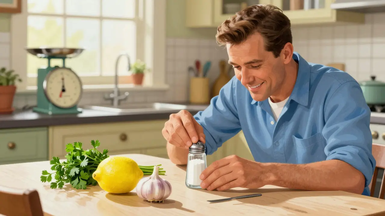 Man replacing salt with lemon and garlic on a kitchen table next to a scale