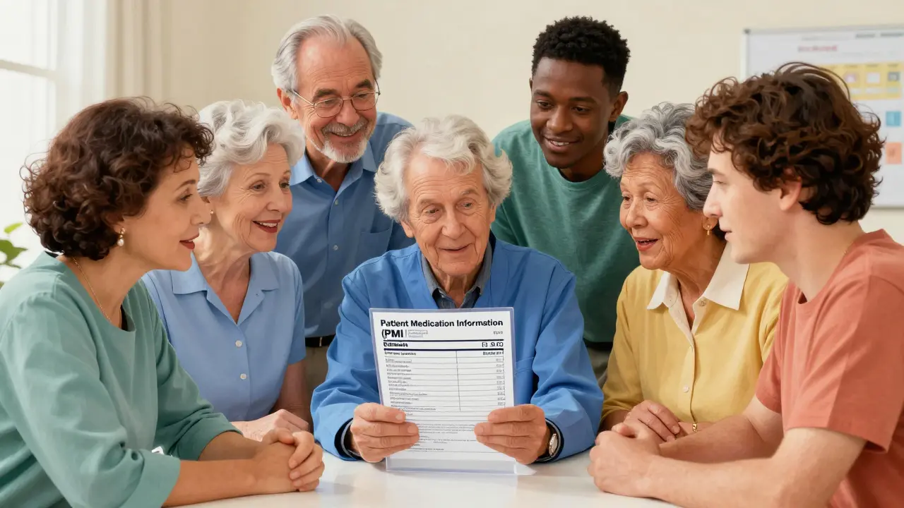 Patients reviewing a standardized, easy-to-read Patient Medication Information document