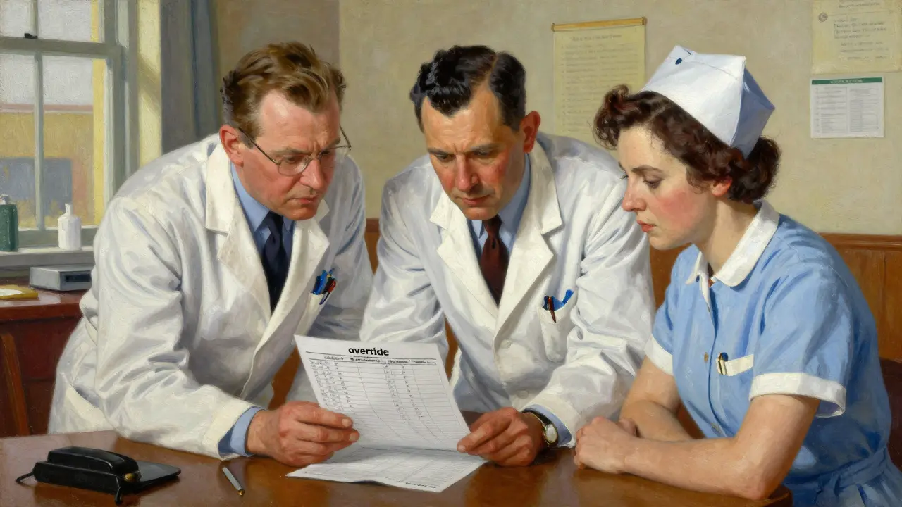 Pharmacist and nurse reviewing safety logs and planning medication protocols