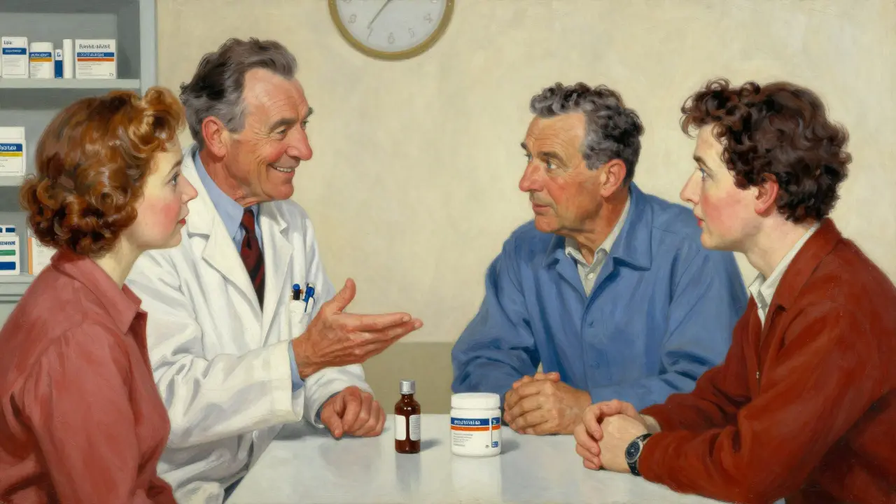 Pharmacist explaining the benefits of a generic drug to a couple in a classic American pharmacy