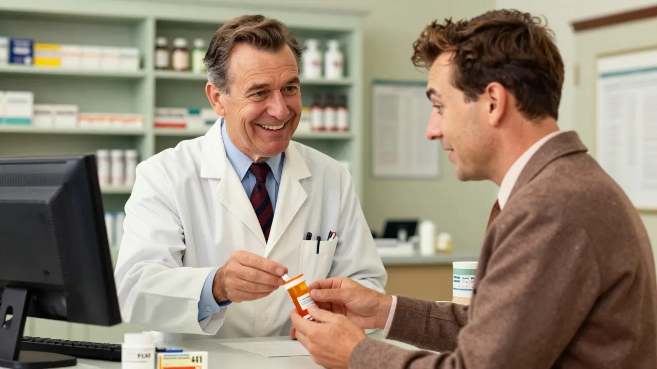 A customer smiles with relief at a lower medication cost in a classic pharmacy scene.