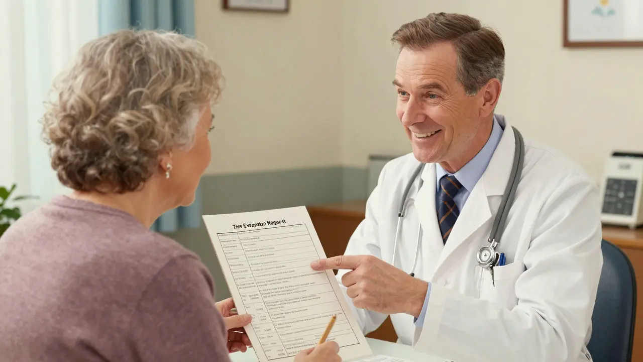 A doctor explains the tier exception process to a patient in a warm, trusting setting.