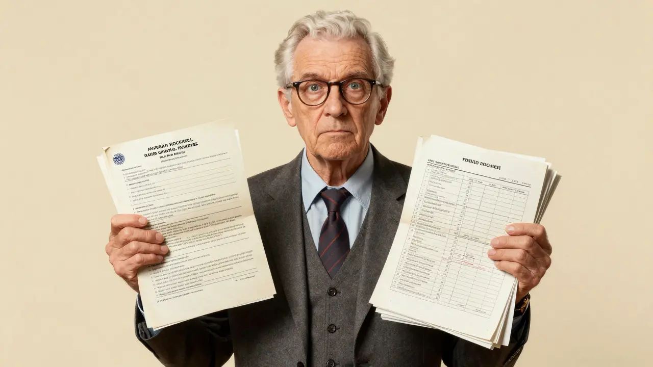 A senior citizen stands confidently with organized medical documents for an insurance appeal.