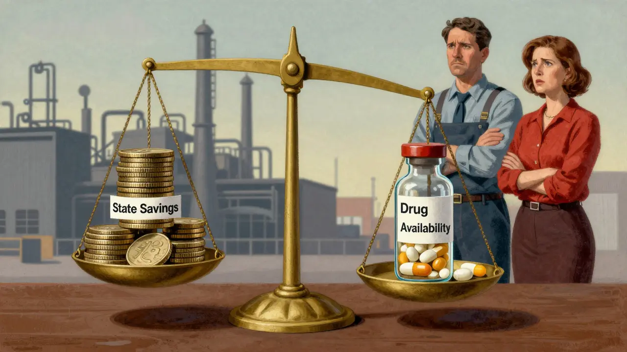 Balance scale showing tension between savings and drug availability.