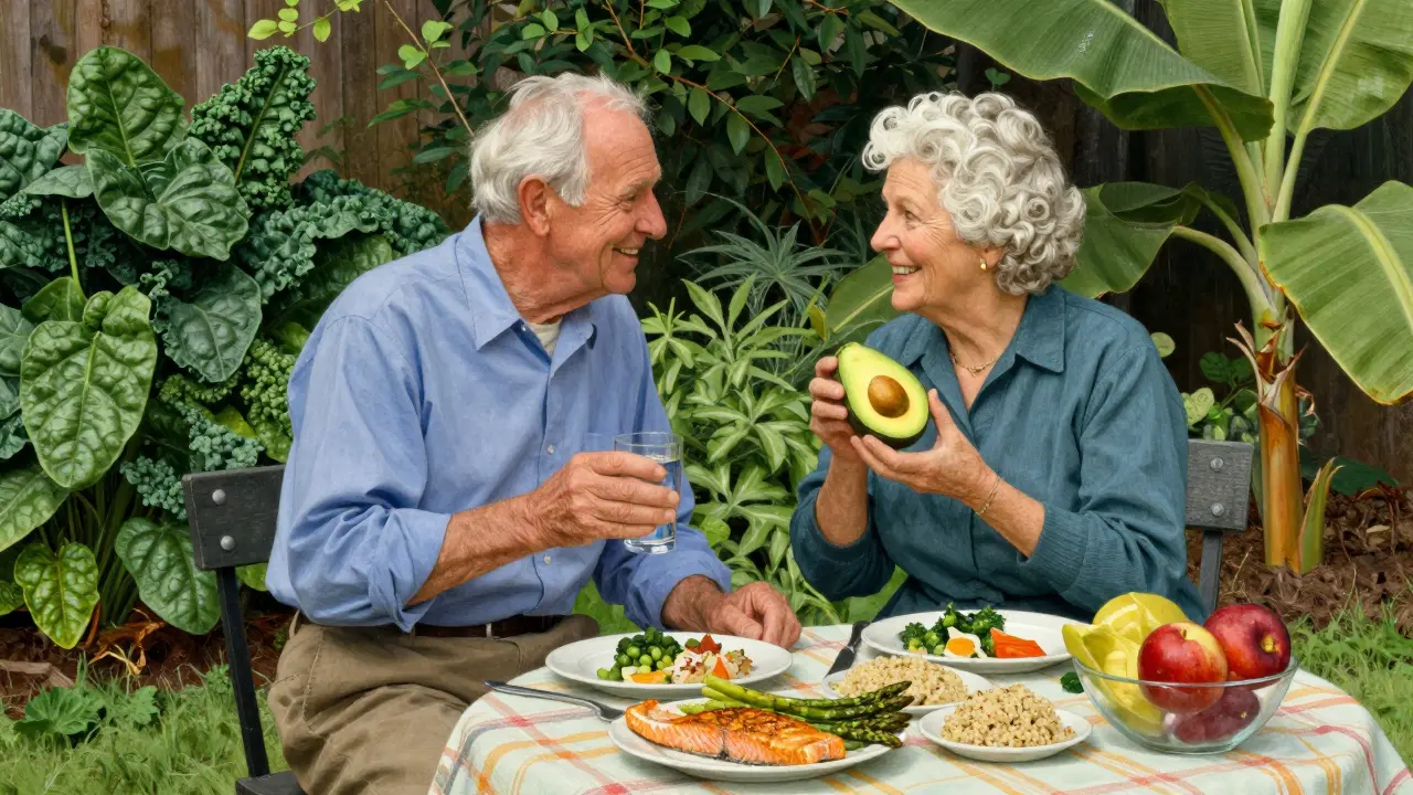 Couple enjoying healthy low-sodium picnic with fruits and vegetables