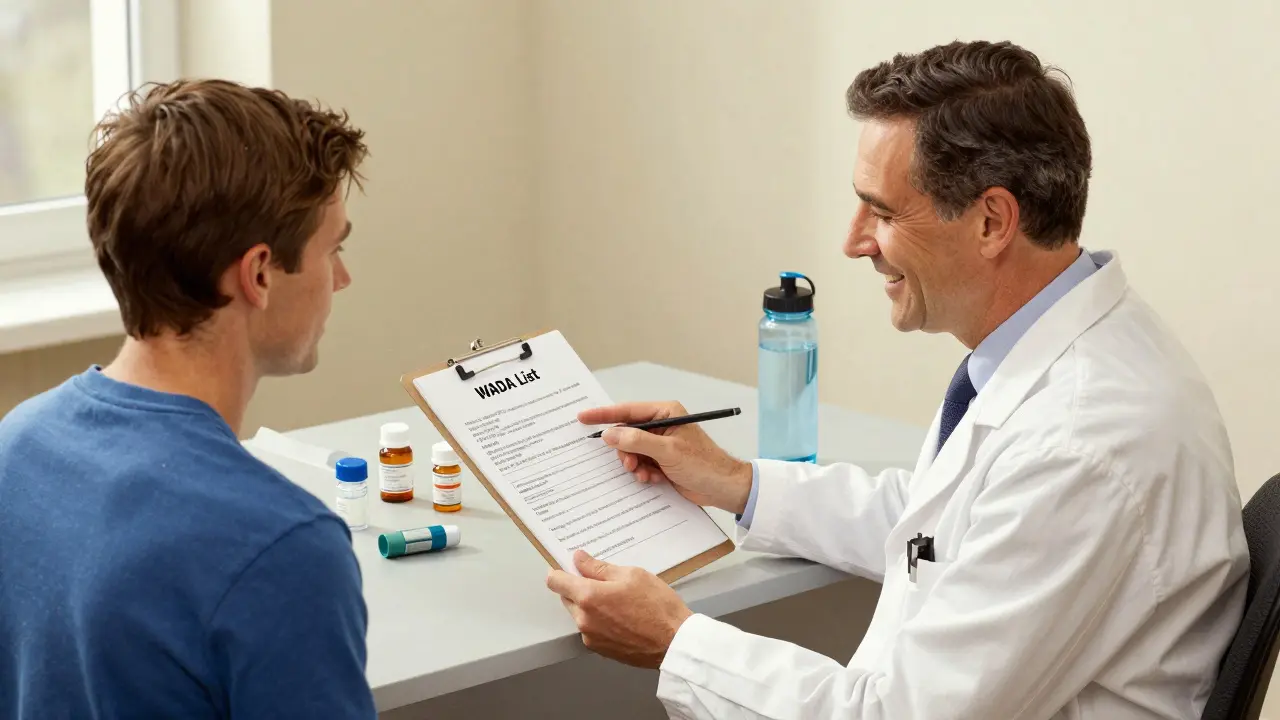 Doctor advising athlete on WADA list and safe medication use