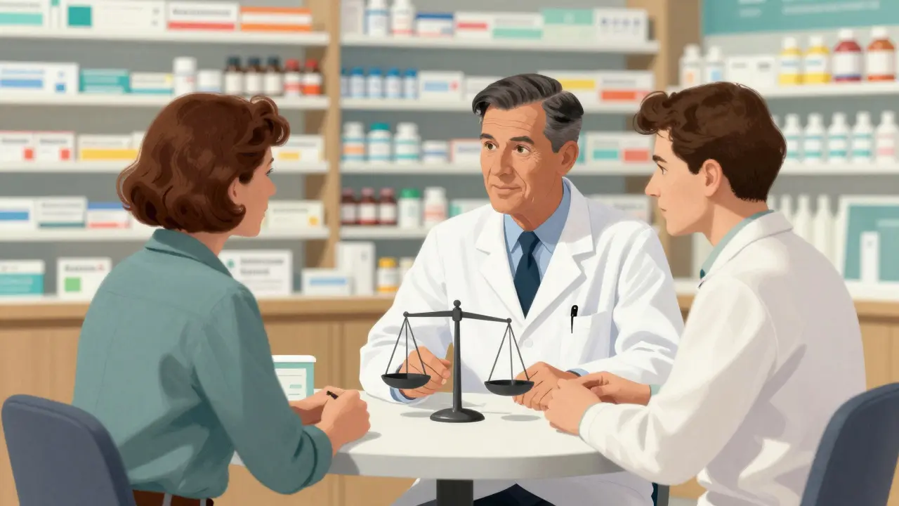 Doctor and patient reviewing cost savings options for medication