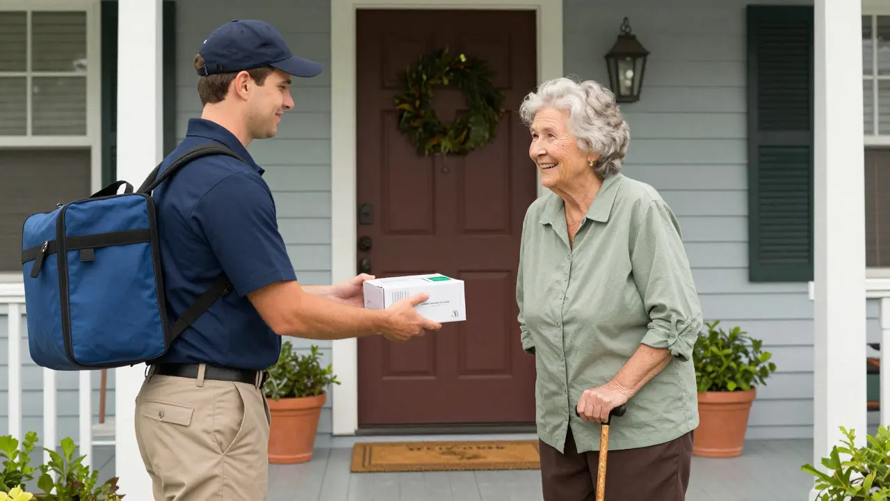 Elderly woman happily receiving medication delivery