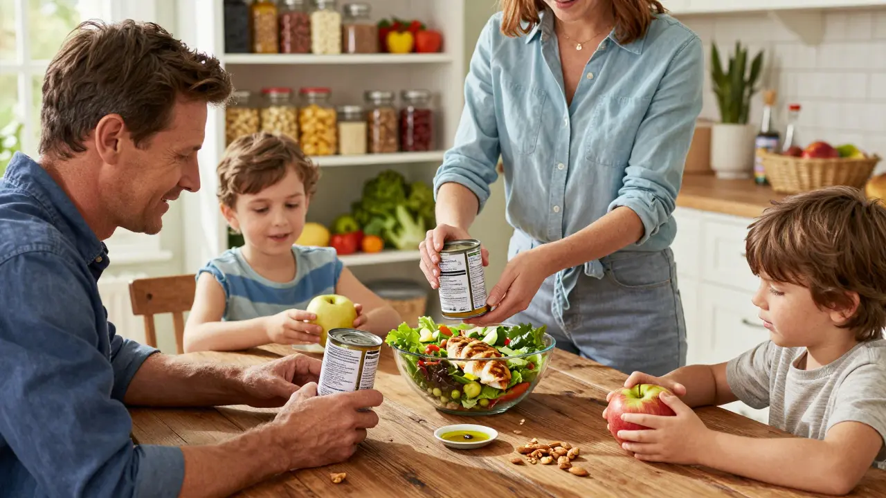 Family reading food labels and serving fresh salad at dinner table