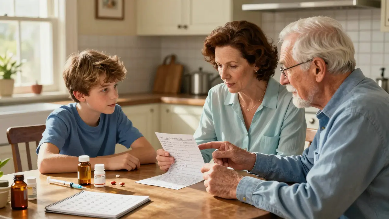 Family reviewing medication list together at a sunny kitchen table
