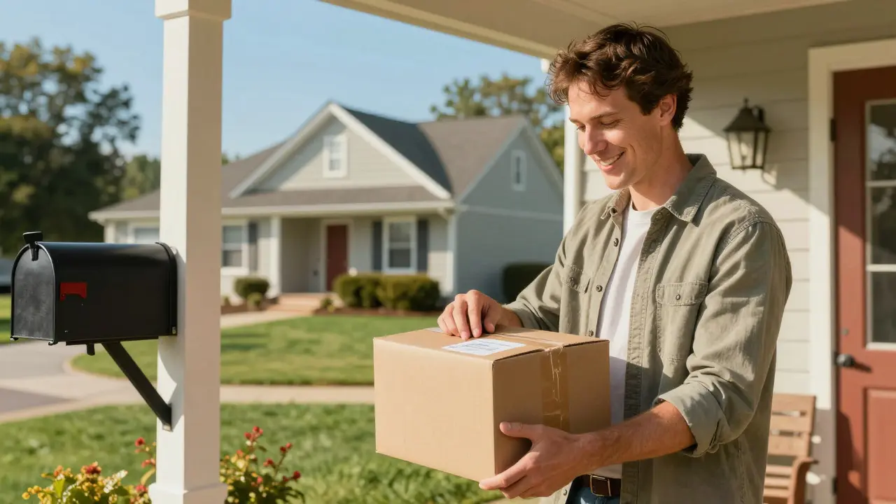 Happy patient receiving discreet medication package on suburban front porch