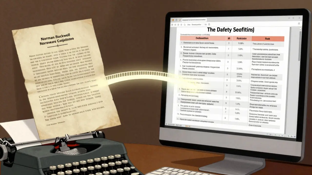 Illustration comparing old vague drug warnings with modern precise safety data charts.