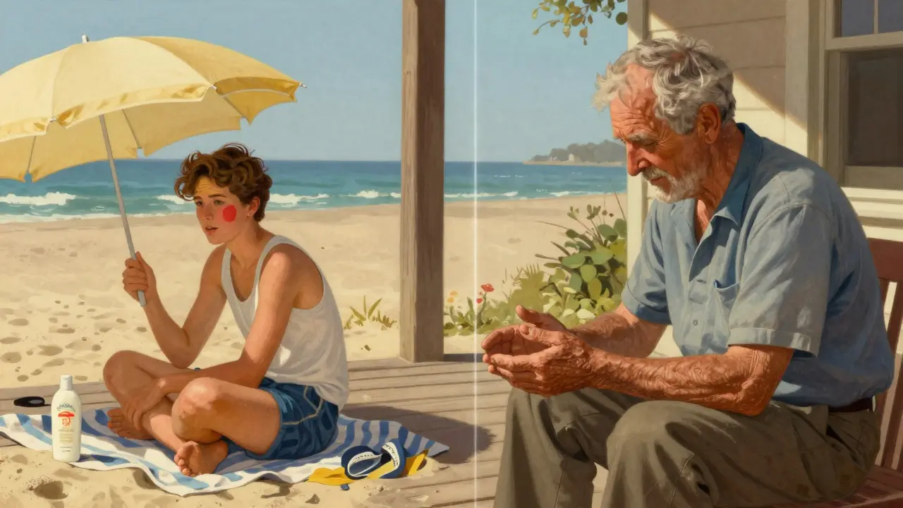 Illustration contrasting beach sun exposure with outdoor work risks
