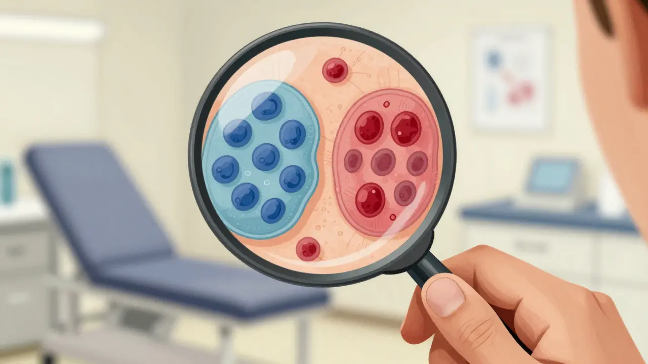 Magnifying glass revealing different skin cancer cell types