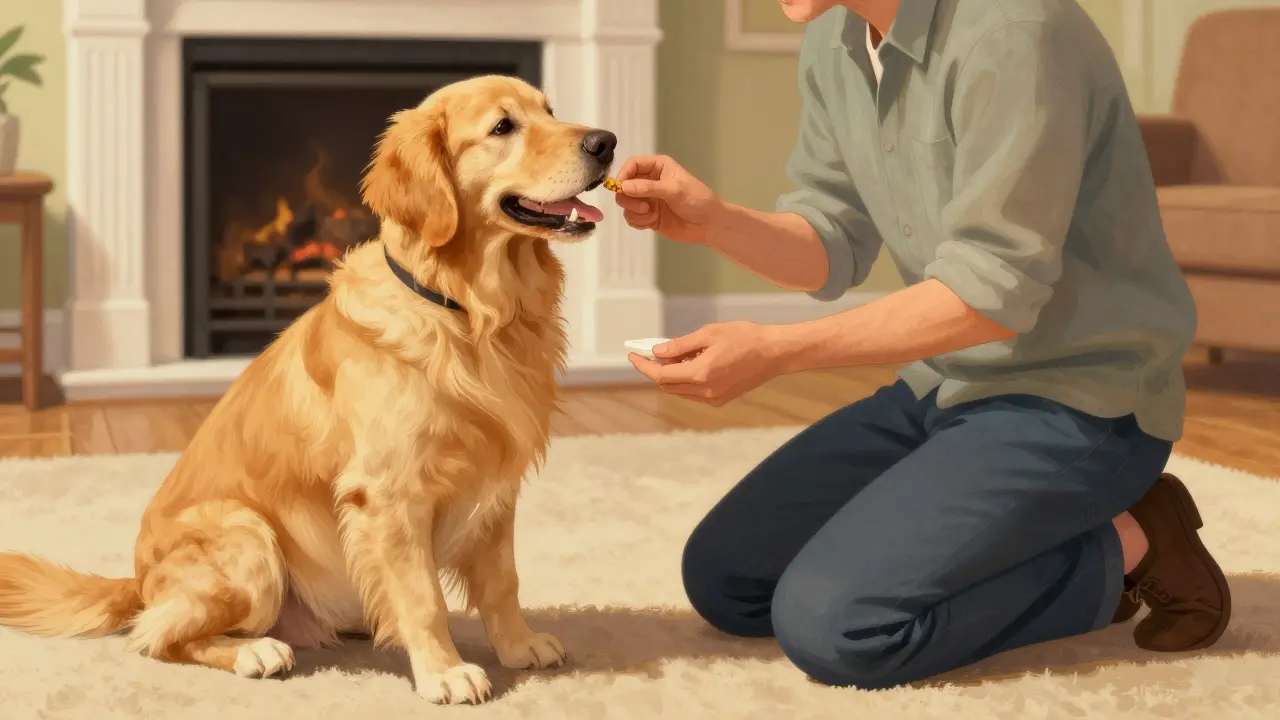 Person giving medication to a happy golden retriever in a living room.