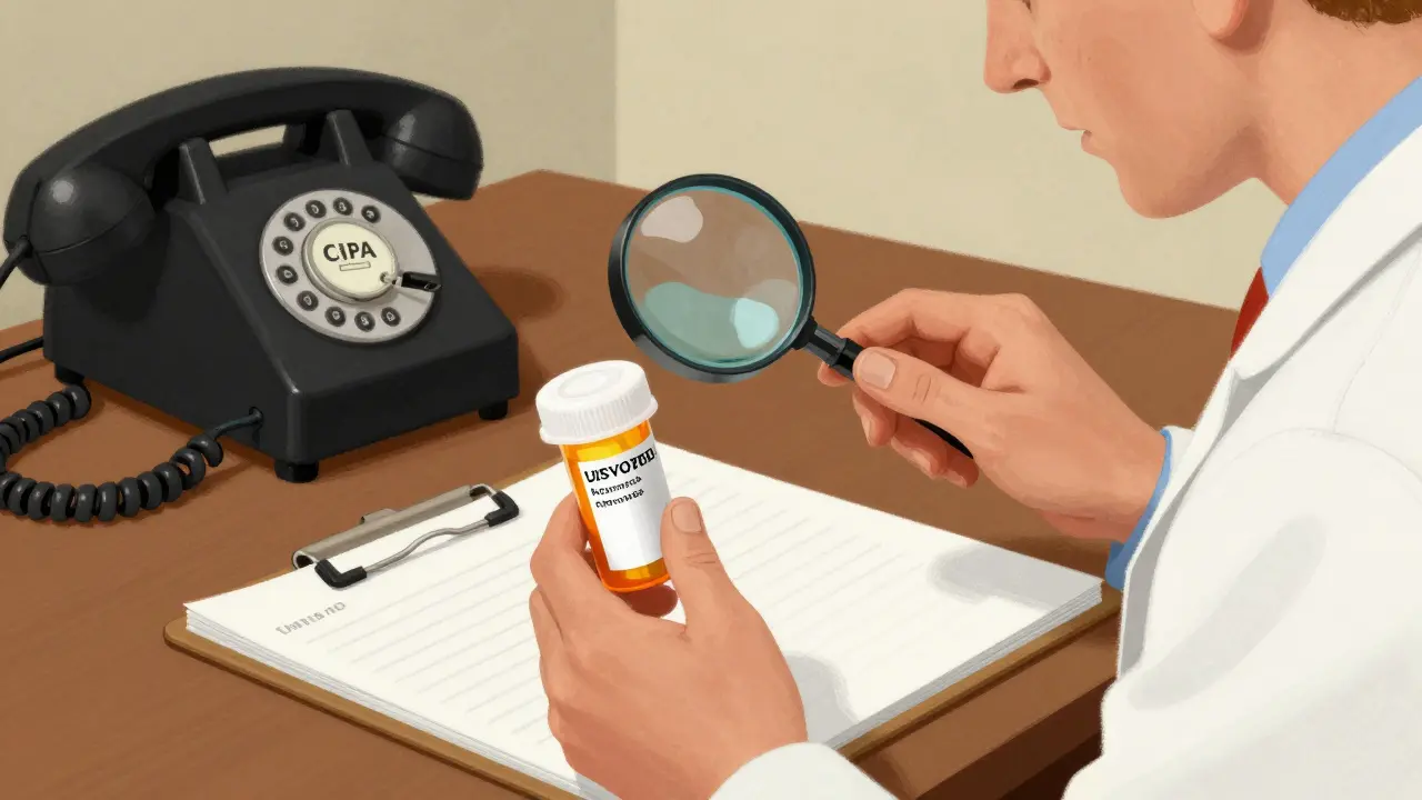 Person verifying medication safety with magnifying glass