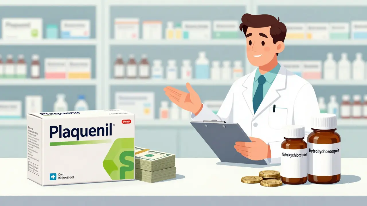 Pharmacist explaining cost differences between brand name and generic medication