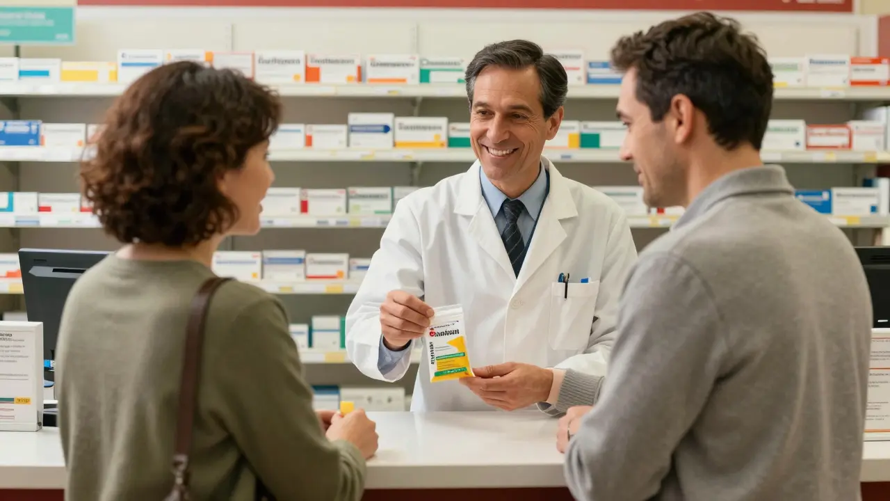 Pharmacist handing affordable meds to happy customer