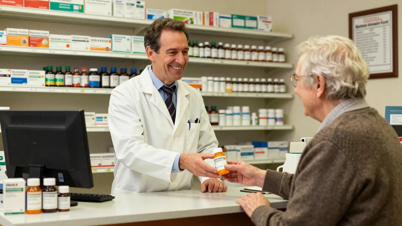 Pharmacist handing generic medication to a grateful patient.