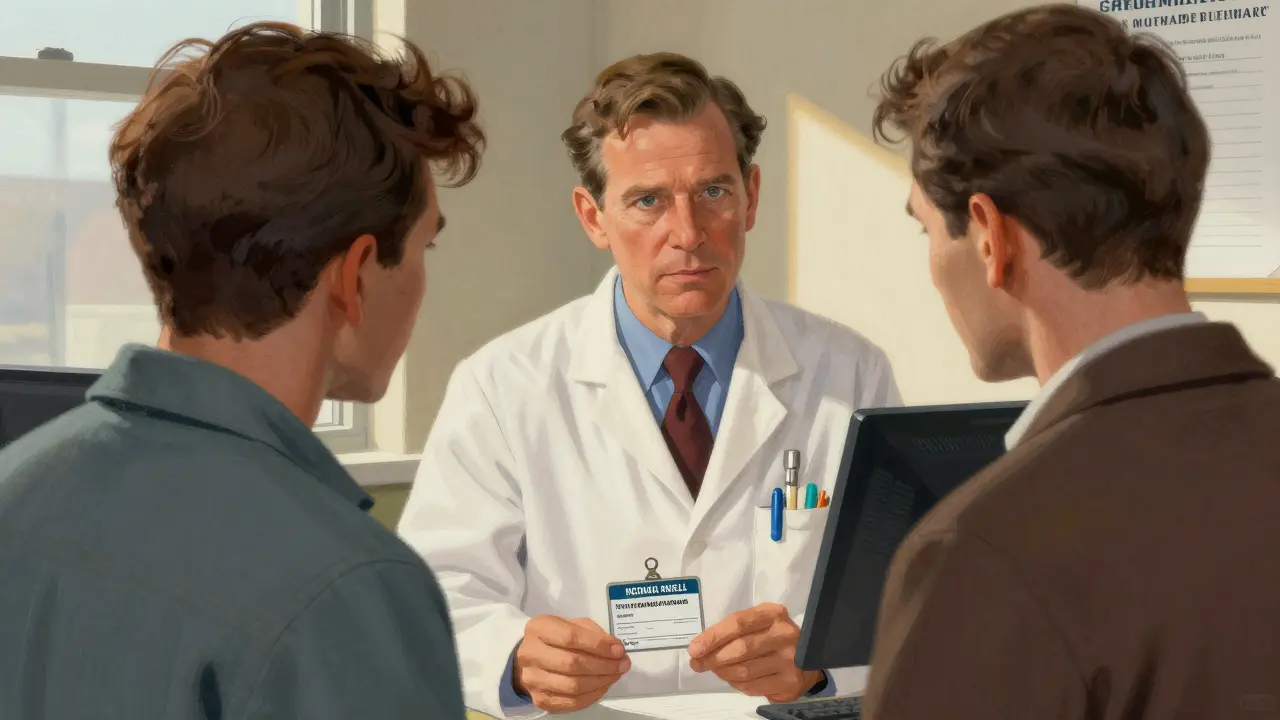 Pharmacist verifying ID for regulated drug purchase in classic style