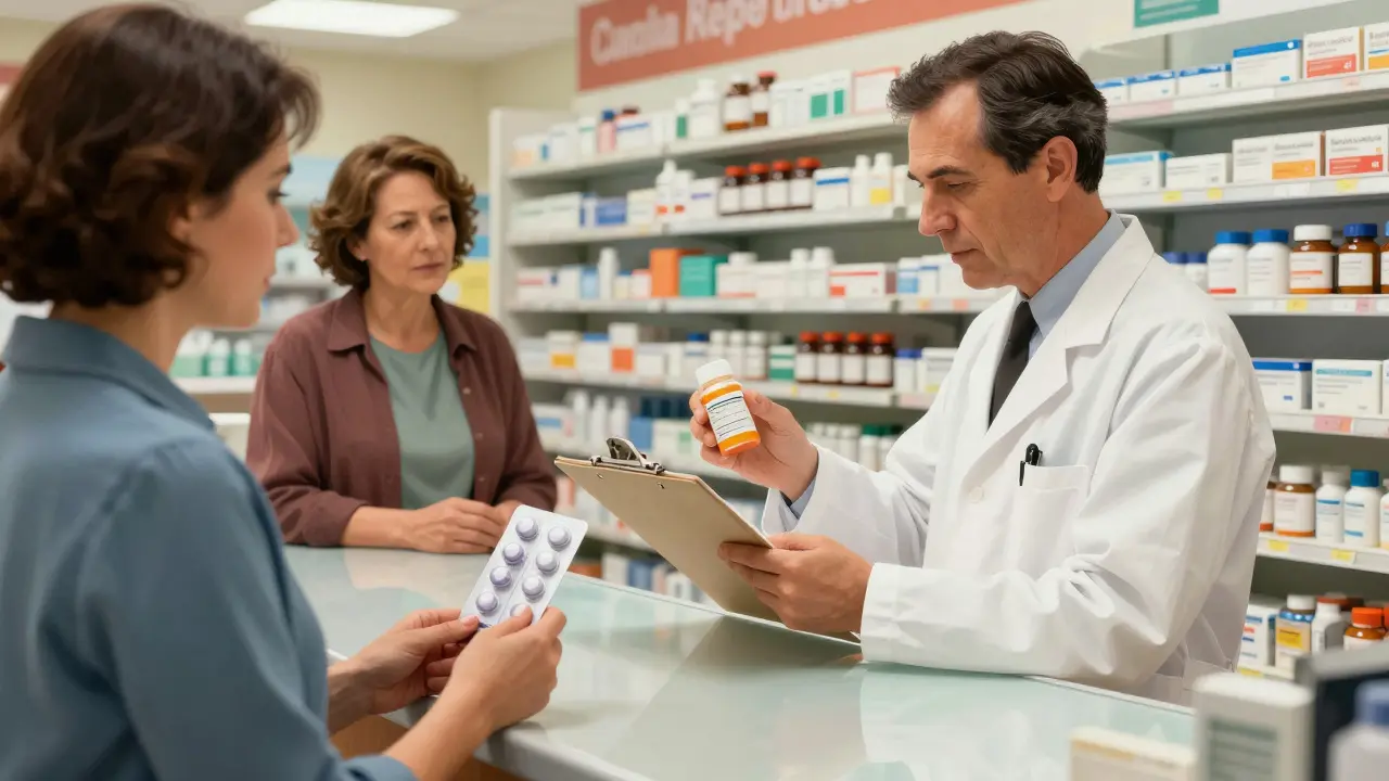 Pharmacist verifying medication while patient holds blister packs