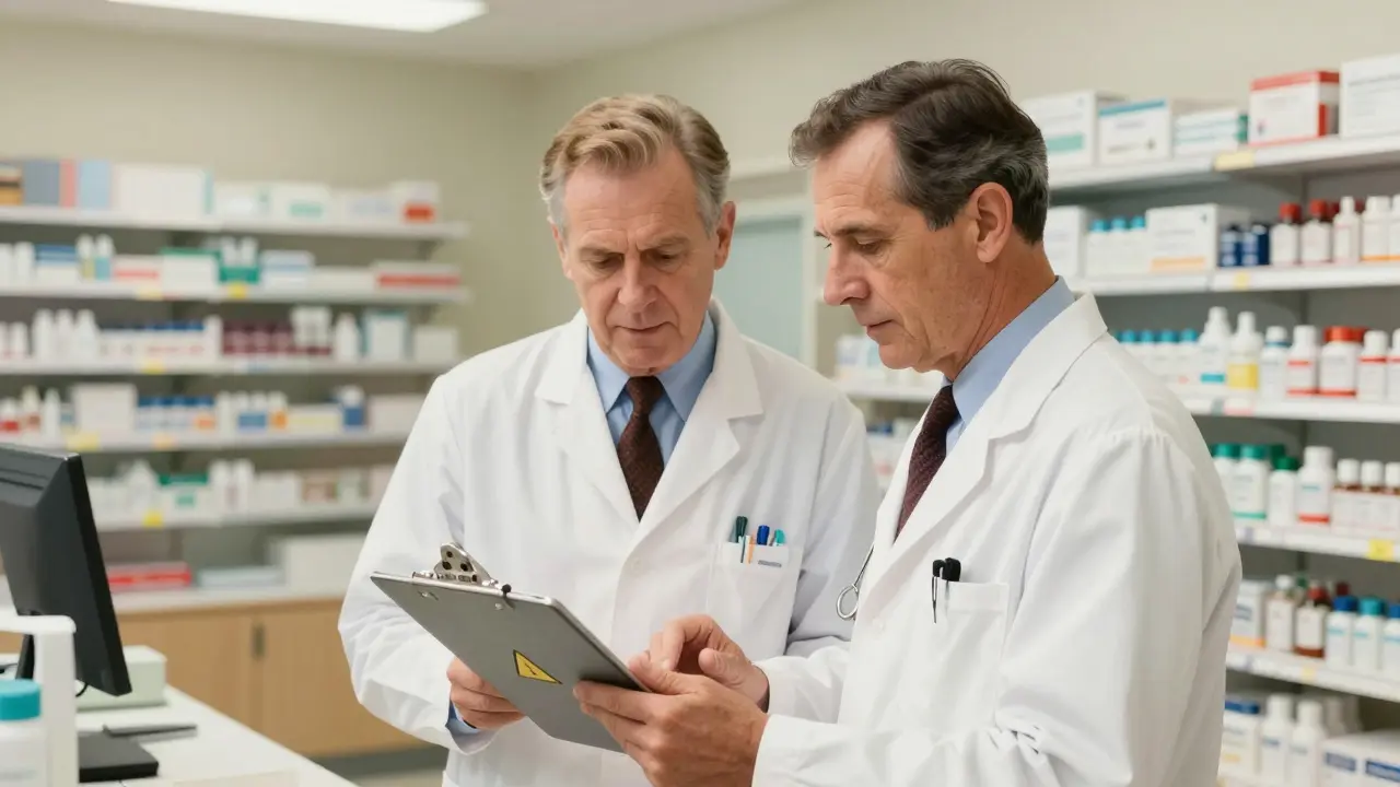 Physician and pharmacist collaborating to review medication safety information together.