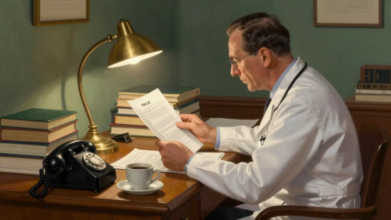 Professional studying FDA drug list documents at a wooden desk