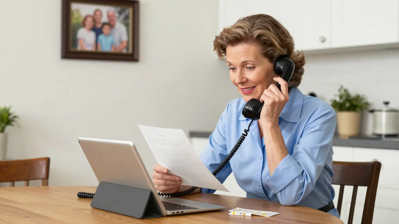 Woman smiling at kitchen table with phone and prescription paper.