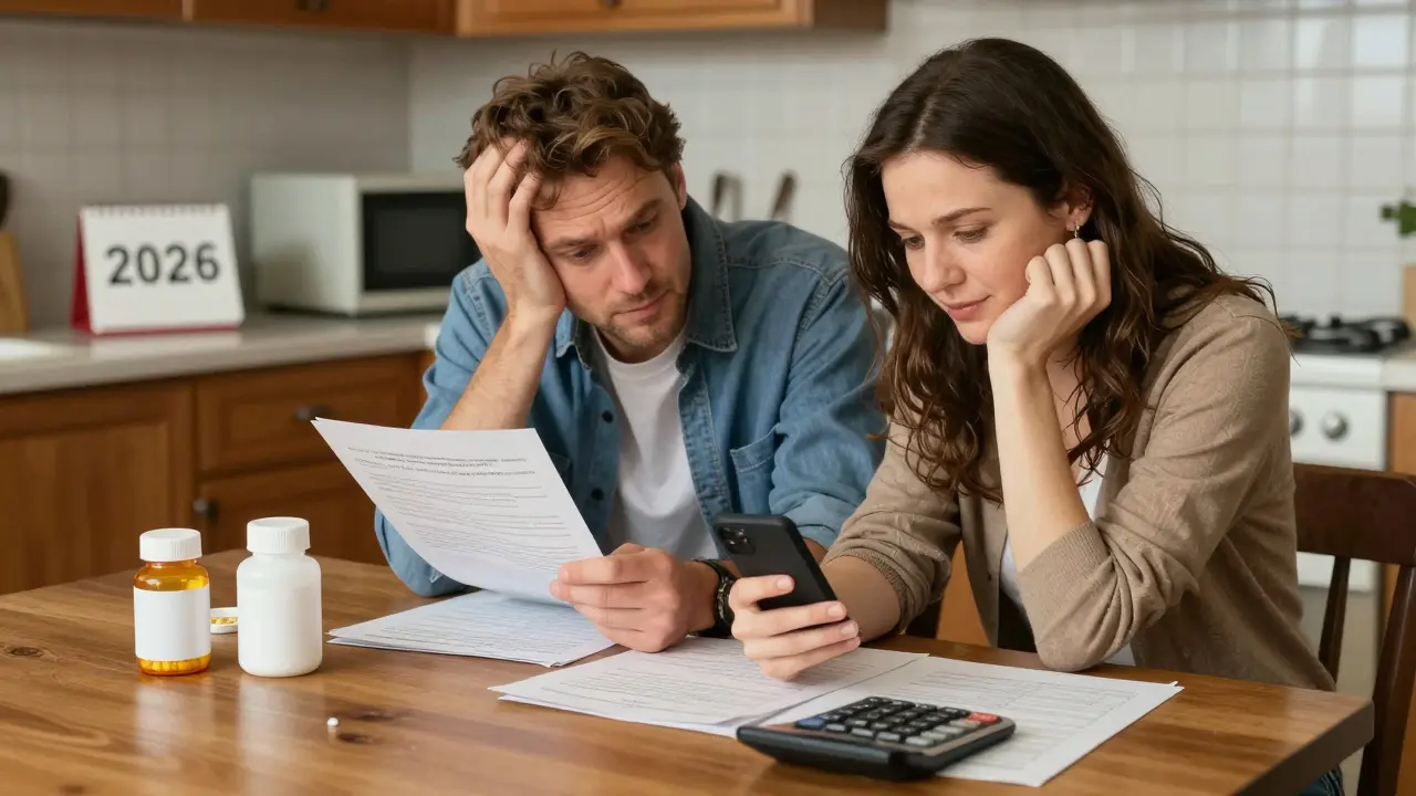 Couple happily reviewing generic medication costs at kitchen table
