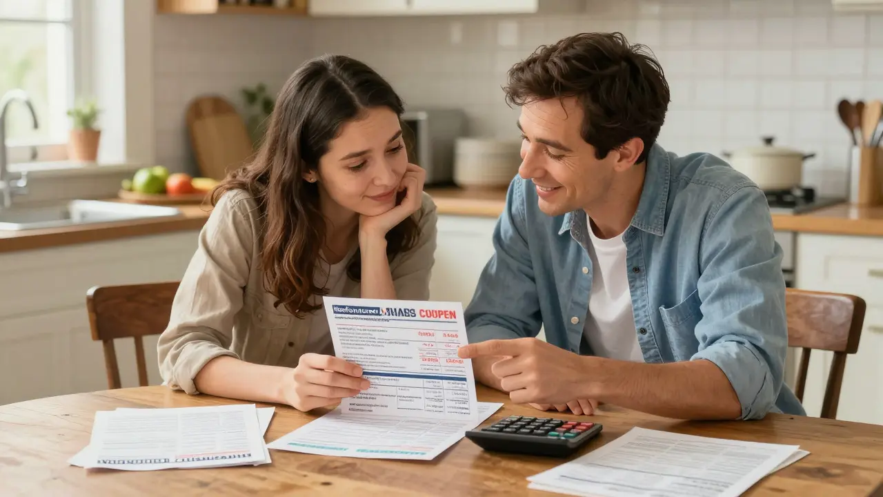 Couple reviewing prescription savings coupons at a kitchen table