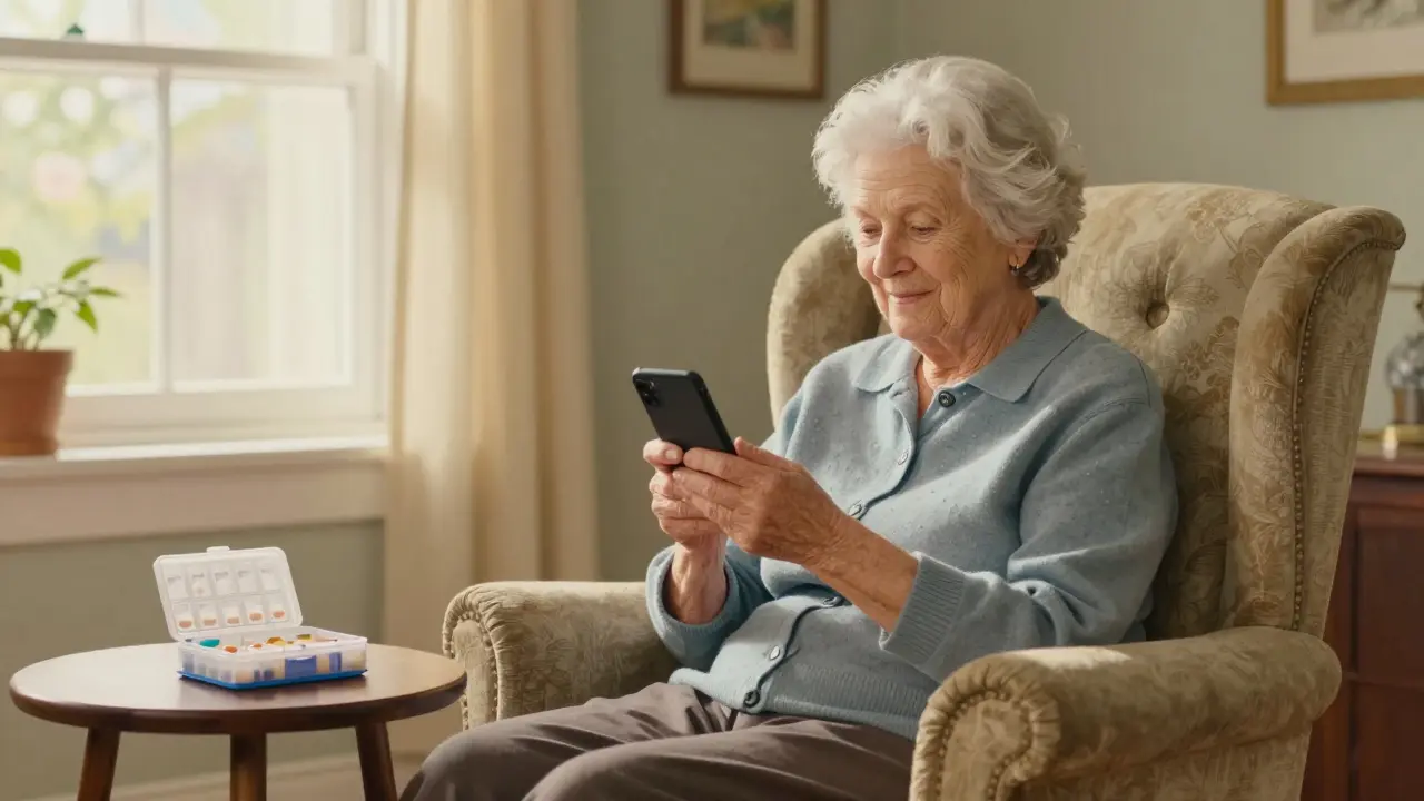 Elderly woman smiling while checking medication reminder on phone