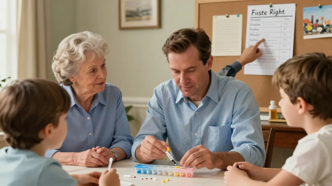 Family organizing pills and checking medication list together at table