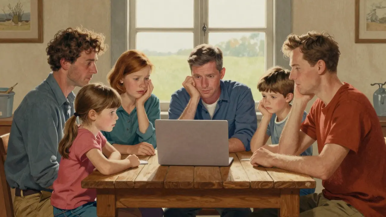 Family using laptop for telehealth consult in rural home