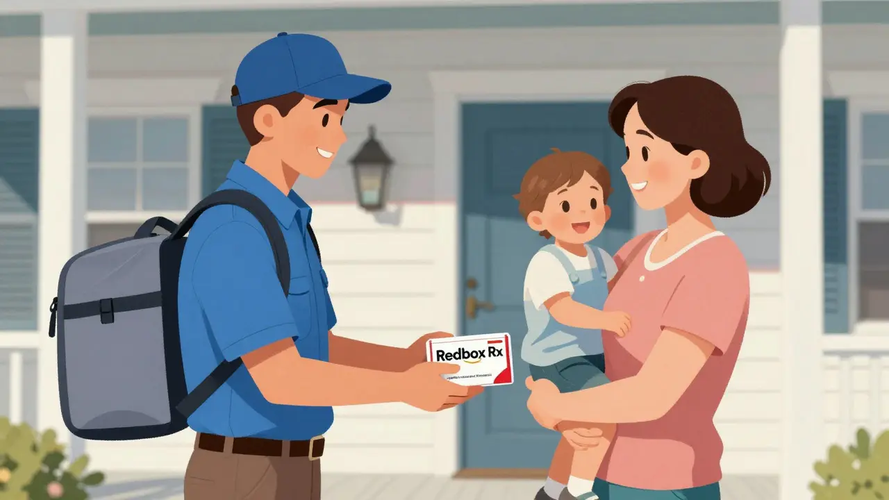 Mother receiving medicine package from courier on porch