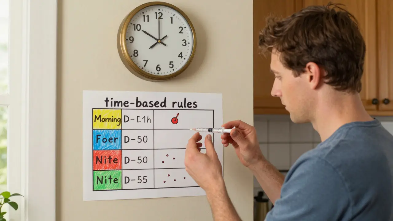 Parent measuring pediatric medicine with syringe and chart