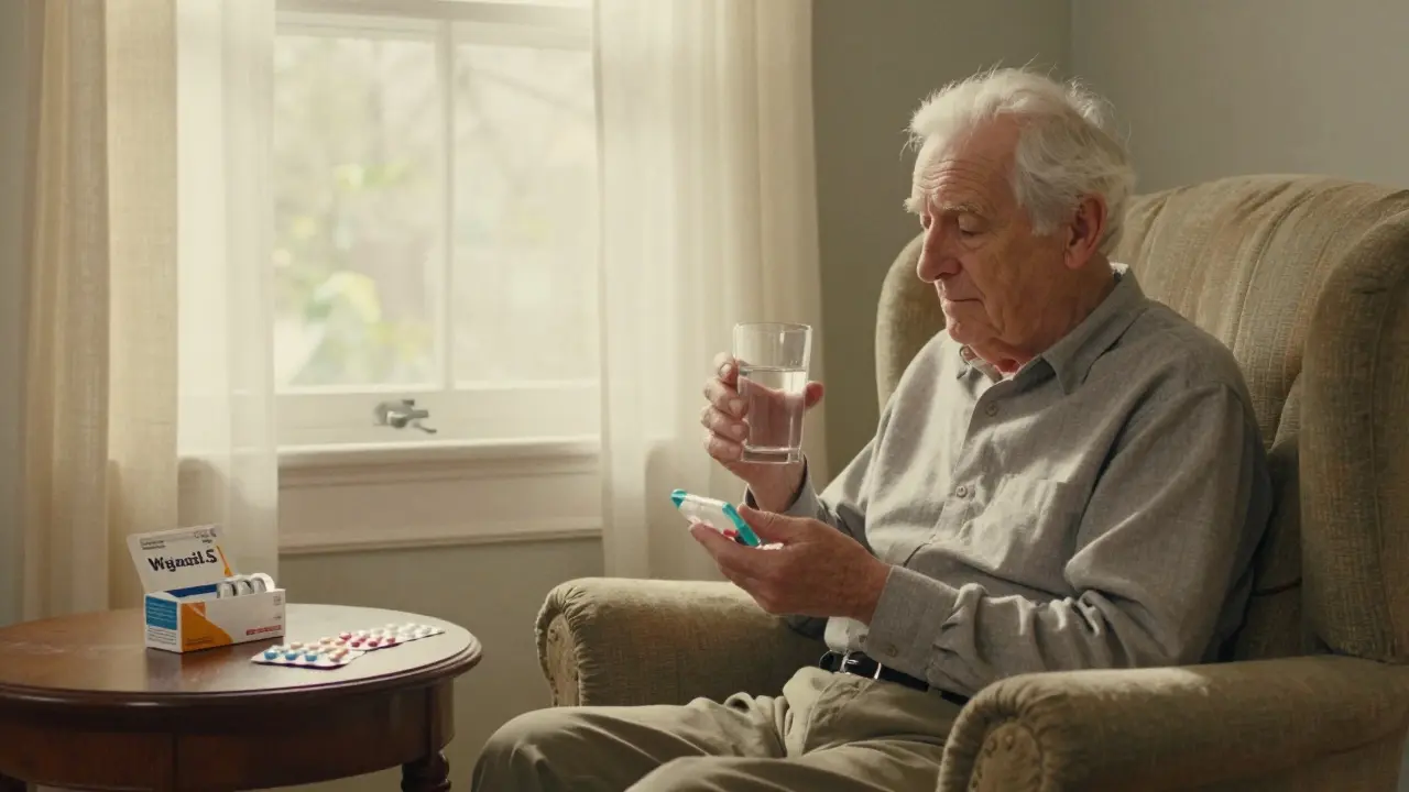 Patient taking medication comfortably at home with delivery box