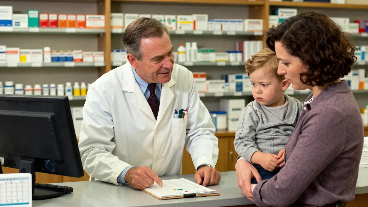 Pharmacist advising parent on child's medication schedule