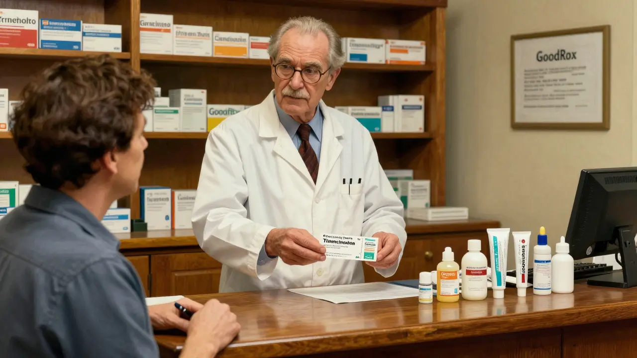 Pharmacist handing coupon to customer at counter