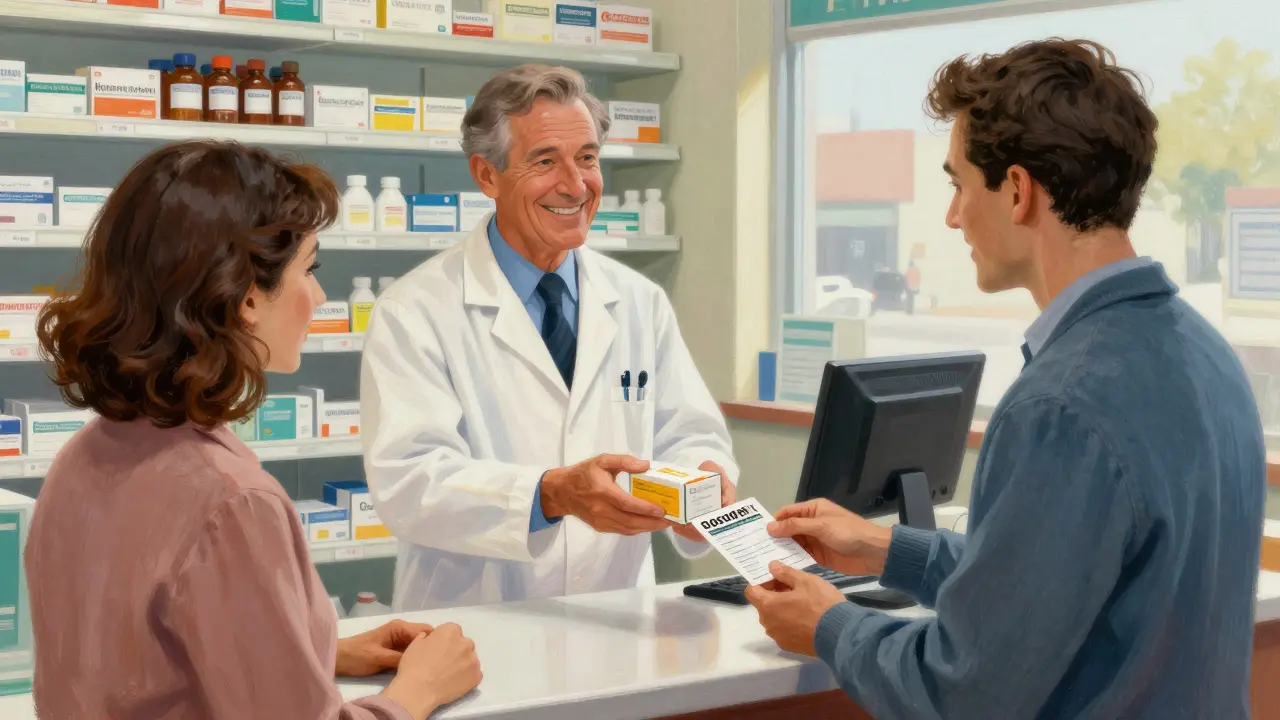 Pharmacist handing discounted generic meds to relieved customer
