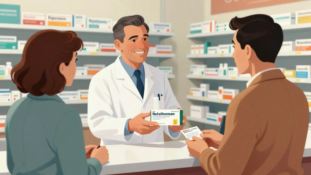 Pharmacist handing generic medicine to happy customer