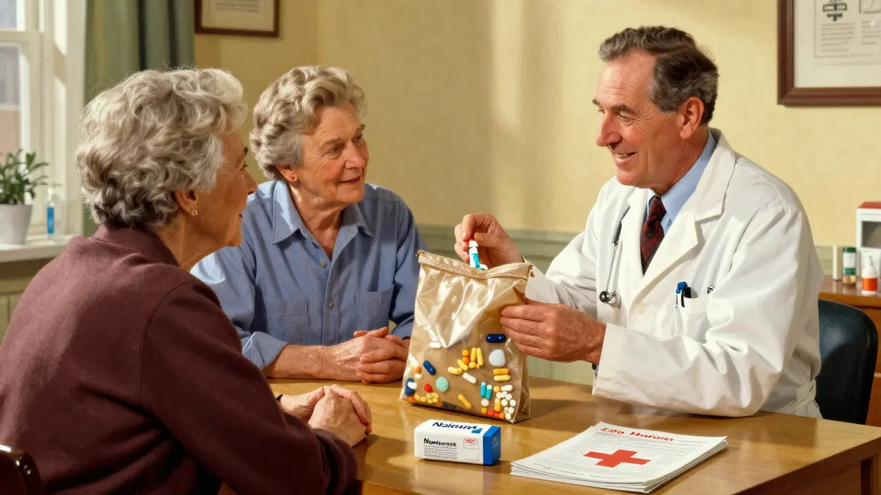Pharmacist reviewing brown bag of meds with elderly couple safely