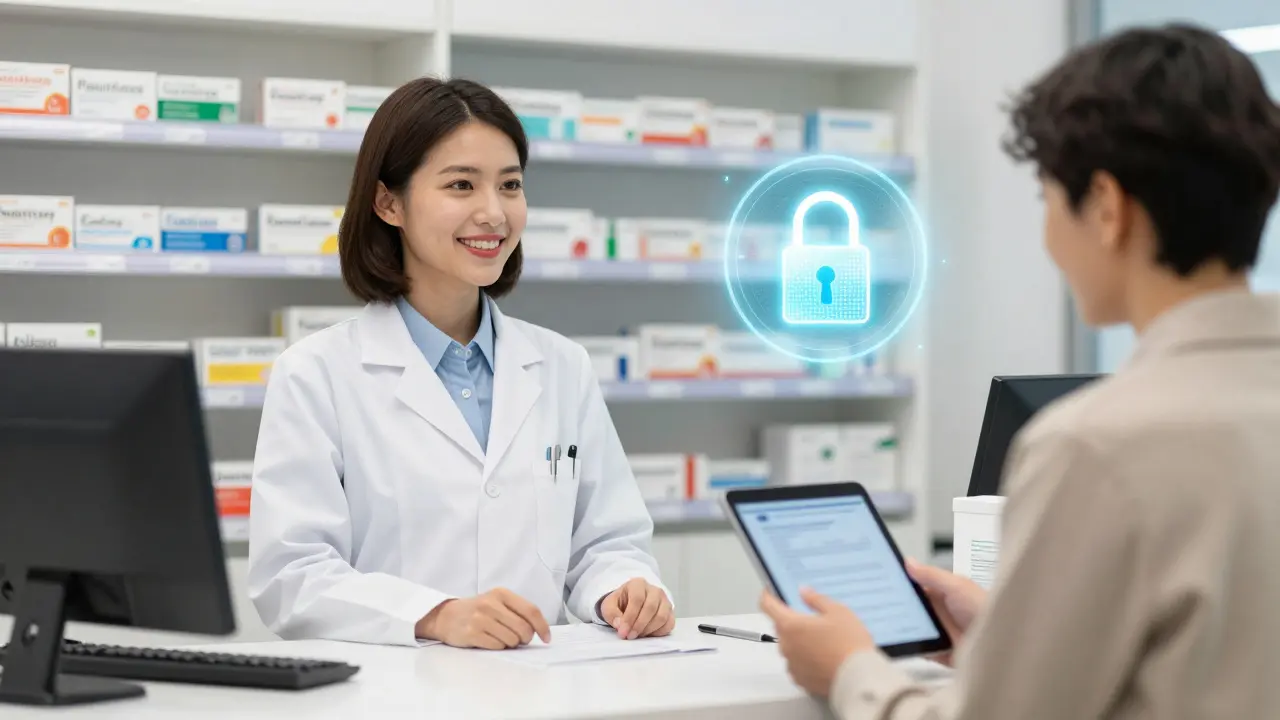Pharmacist verifying online order with secure digital badges
